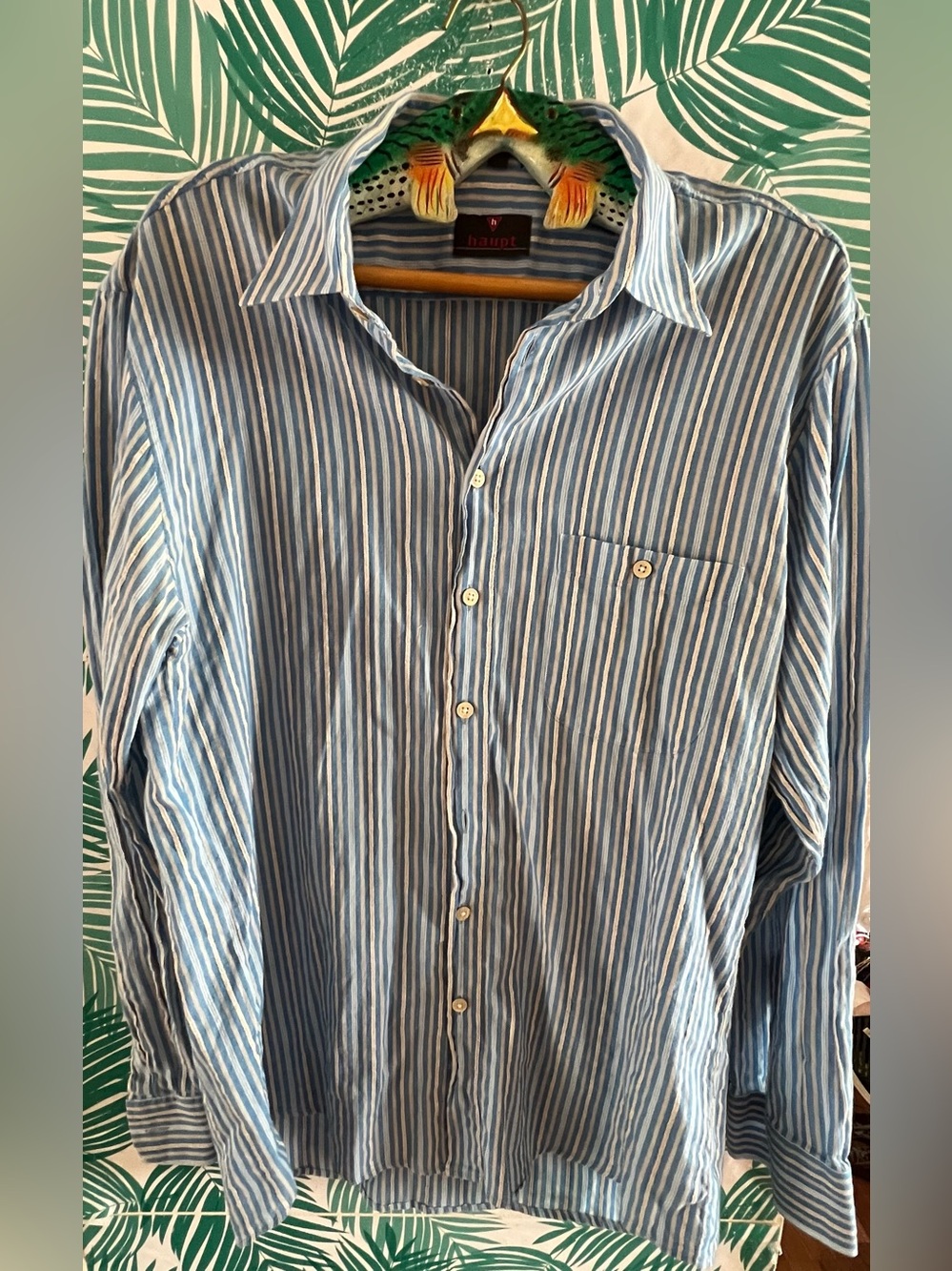 Haupt German Blue & White Vertical Stripe Button-Up Shirt Sz L